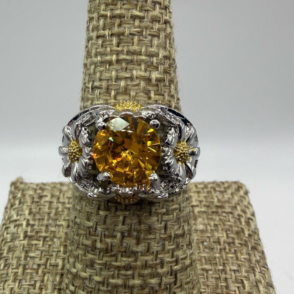 Sterling Silver 925 Large Golden Yellow CZ Statement Ring Size 7.5